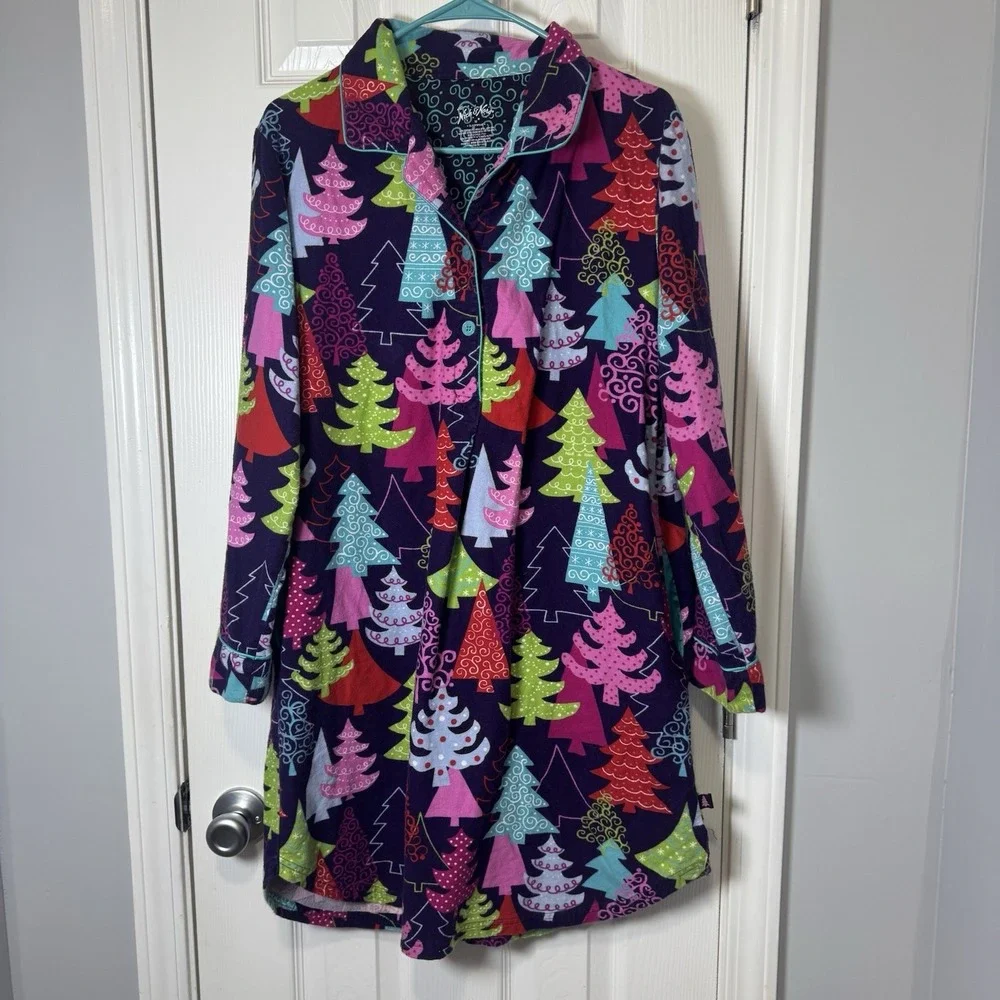 Nick & Nora Christmas Tree Gown Purple Sleep Shirt Flannel‎ Size Medium